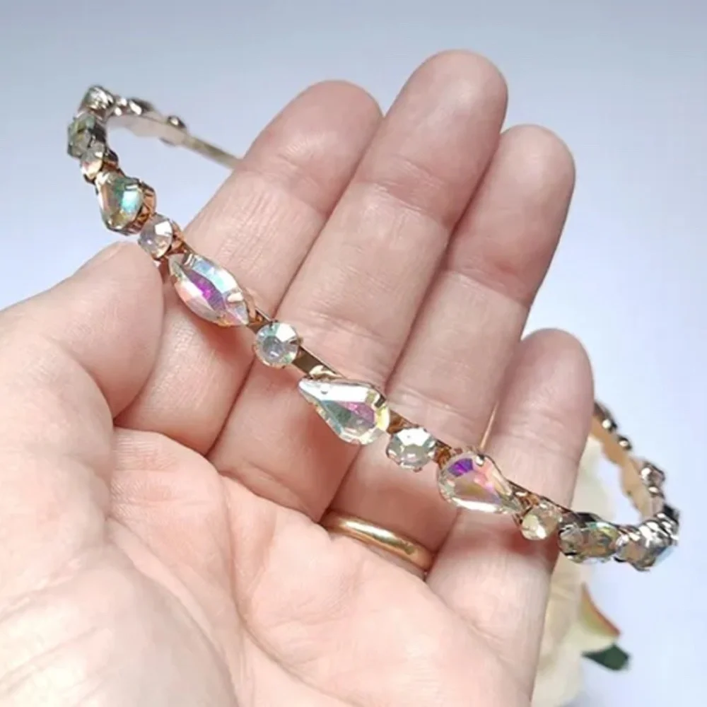 Iridescent Crystal Rhinestone Halo Headband Gold Bridal Hair Accessory OS